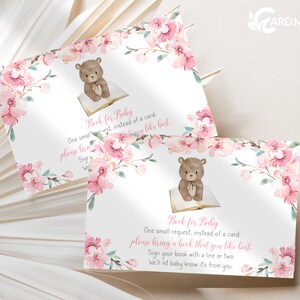 Boek aanvraagkaarten beer Bloemen babyshower slapende beer, babybibliotheek, meisje Pink Blossoms Party Games roze bloemen Instant Download BR9318
