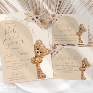 Set di 3 inviti Bearly Wait Arch modificabili, baby shower, modelli digitali per orsacchiotti di peluche, marroni, bianchi e beige, per bambini o bambine, JT105