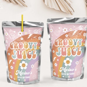 EDITABLE Groovy One First Birthday Capri Sun Template, Van Retro juice, Daisy Smile Boho 70&#39;s Hippie Van  JT3122