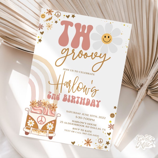 EDITABLE 2nd Birthday Two Groovy Birthday Party Invitations Second Birthday Retro Invites, Daisy Smile Boho 70's Hippie JT1828