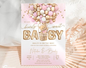 EDITABLE Boho Teddy Bear Invitations, Cute Baby Shower Pink and Gold Hot Air Balloons Baby Girl Pink Instant Digital Download JT59