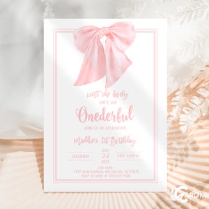 BEWERKBARE Bow 1e verjaardagsuitnodigingen, Isn't She Onederful Pink Bow Party Girl eerste verjaardag eenvoudige strik, digitale download JT505
