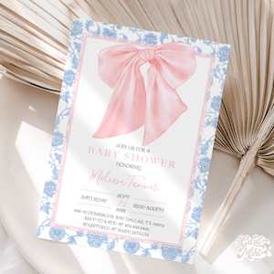 Editable Pink Bow Baby Shower Invitation, Girl Baby Shower or Sprinkle Invite, Soft Pink Ribbon with Blue Border Self Edit Template JT2332