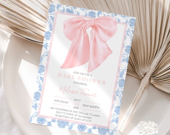 Editable Pink Bow Baby Shower Invitation, Girl Baby Shower or Sprinkle Invite, Soft Pink Ribbon with Blue Border Self Edit Template JT2332