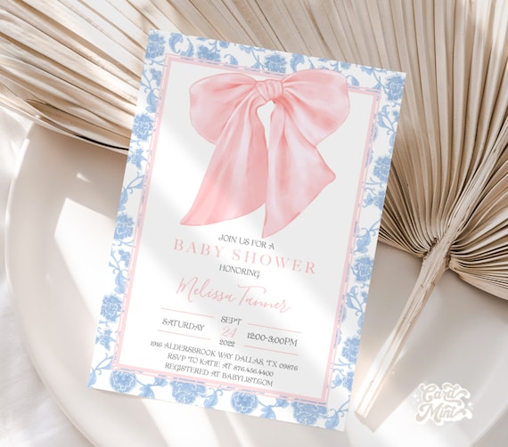 Editable Pink Bow Baby Shower Invitation, Girl Baby Shower or Sprinkle Invite, Soft Pink Ribbon with Blue Border Self Edit Template JT2332