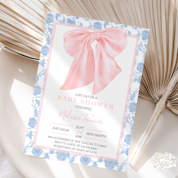 EDITABLE Pink Bow Baby Shower Invitation, Girl Baby Shower or Sprinkle Invite, Soft Pink Ribbon with Blue Border Self Edit Template JT2332