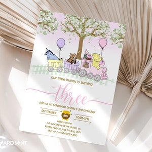 EDITABLE Third Birthday Classic Pooh Bear Train Invitation, Girl 3rd Birthday Party Winnie The Pooh Pink Three Birthday Digital Download JT