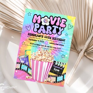 Convite de aniversário de filme EDITÁVEL Tie Dye Convite de festa de aniversário Filme Sleepover Popcorn Movies Party Template Download instantâneo JP131