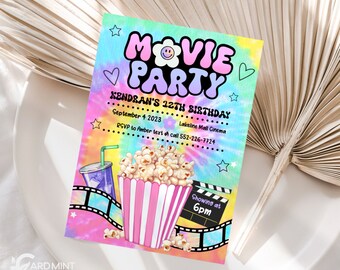 EDITABLE Movie Birthday Invitation Tie Dye Birthday Party Invitation Movie Sleepover Popcorn Movies Party Template Instant Download JP131