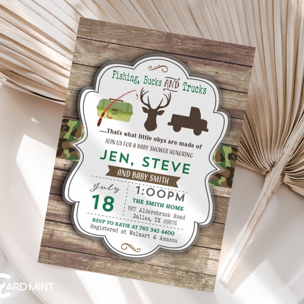 EDITABLE Fishing Baby Shower Invitations, Co-ed Fishing, Bucks and Trucks Country Farm Boy Camo Rustic Outdoor Digital Template JT6214