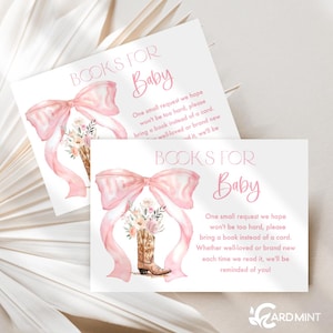 Bewerkbare roze strik, laarzen en wilde bloemen Boekaanvraagkaarten voor babyshower Boeken voor babybibliotheek Digitale sjabloon Download BR2092