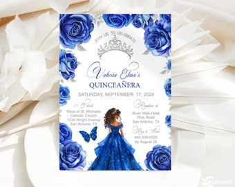May include: Blue and silver quinceañera invitation with a watercolor illustration of a young woman in a blue gown and a butterfly. The text reads "Join us to celebrate Valeria Elma's Quinceañera, Saturday, September 17, 2024".