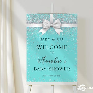 EDITABLE Blue Baby Shower Welcome Sign Paris Baby White Bow Ribbon Poster Glittery Aqua Blue Baby and Co Digital Template SN202