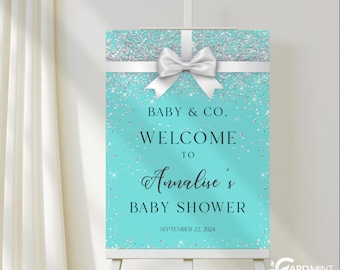 EDITABLE Blue Baby Shower Welcome Sign Paris Baby White Bow Ribbon Poster Glittery Aqua Blue Baby and Co Digital Template SN202