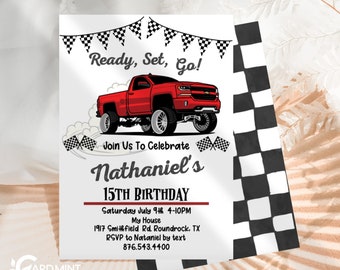 EDITABLE Truck Birthday Invitations, Red Truck Design, Ready Set Go Racing Chevy Truck Any Age Chev Pickup Digital Download Template JT8223
