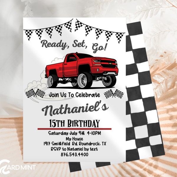 EDITABLE Truck Birthday Invitations, Red Truck Design, Ready Set Go Racing Chevy Truck Any Age Chev Pickup Digital Download Template JT8223