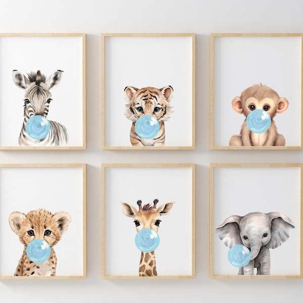 Tiere bläst blau Bubble Gum - Safari Bubble Gum Prints Niedliche Jungen Zimmer Kinderzimmer Kunst Bubble Gum Kinderzimmer Art - Set von 6 8x10