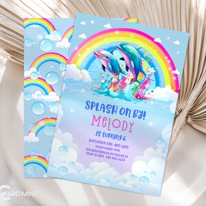 EDITABLE Rainbow Dolphin Pool Birthday Party Invitation Cute Girl Invite 5th Lisa Splash Bubbles 90s Digital Template theme JP36