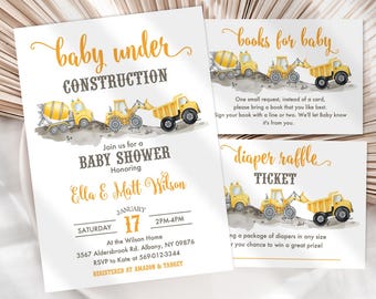 Construction Baby Shower Invitation, Book Request, Raffle, Yellow Trucks, Under Construction, Editable Digital Download Templates JT1865 Set