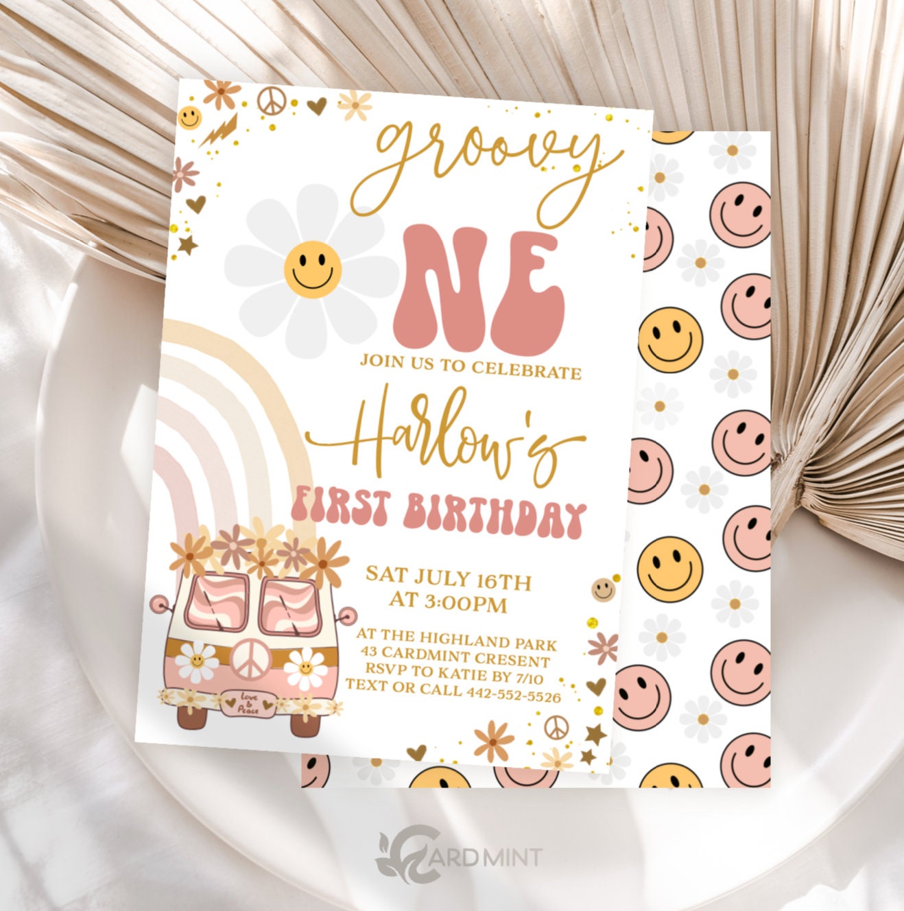 Editable First Birthday Groovy One Birthday Party Invitations 1st Retro ...