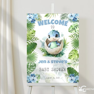 Editable Hatching Soon Dinosaur Welcome Sign, Baby Shower, Cute Blue Dino, Digital Download Template SN1593