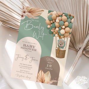 EDITIERBARE Bearly Wartezeit Bogen Einladungen, Babyparty, Heißluftballons, Baby Junge Mädchen Neutral Matt Braun Salbei grün Teddybär Vorlage JT510