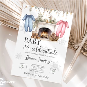 EDITABLE Baby it&#39;s Cold Outside Gender Reveal Invitation Winter Holiday Pink Girl or Blue Boy Christmas Digital Template Download JP121