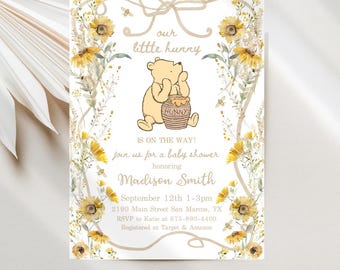 Pooh Bear Baby Shower Invitation, Winnie The Pooh & Sunflower Digital Download JT2175