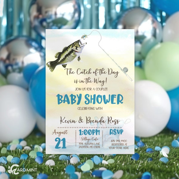 EDITABLE Fishing Baby Shower Invitations, The Catch of the Day Invites, Rustic Fishing Design, Fish Theme Self Edit Digital Download JT1875