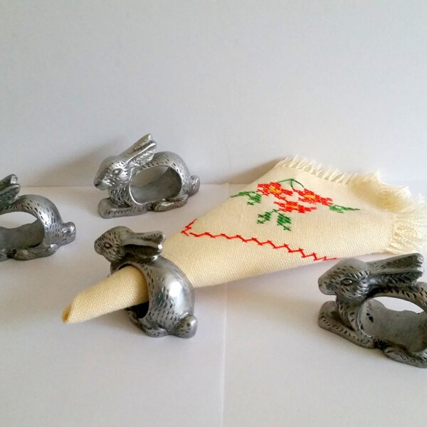 Vintage Shafford Pewter Rabbit Napkin Rings (Set of 4), Made in India