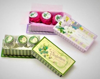 May include: Two boxes of small round candies. One box is pink with white trim and has three candies inside. The other box is green and white with three candies inside. The pink box has the text "Aux Fleurs" on it. The green box has the text "Violettes" on it.