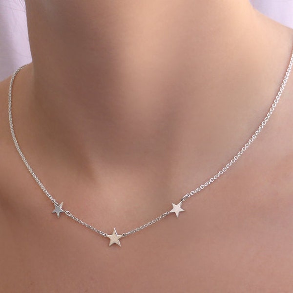 LITTLE STAR NECKLACE, Personalized Bridesmaids Gifts,Initial Necklace, Solid gold Solid Silver,Tiny Silver Star Necklace,3 Little Star