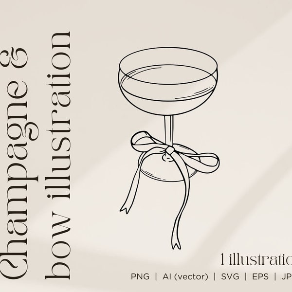 CHAMPAGNE and BOW ILLUSTRATION | Champagne and bow clip art, Champagne and bow drawing, outline, minimalist drawing, cocktail illustration