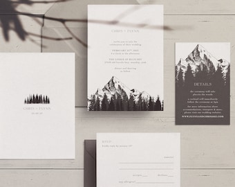 Printable Wedding Invitation Set | Modern Wedding Invitation suite,  minimalist wedding invite, forest, mountain , nature  | Mountains