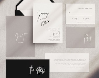 Printable Wedding Invitation Set | Wedding Invitation + RSVP | Modern, minimalist, black, white, gray, neutral, calligraphy | TAYLOR