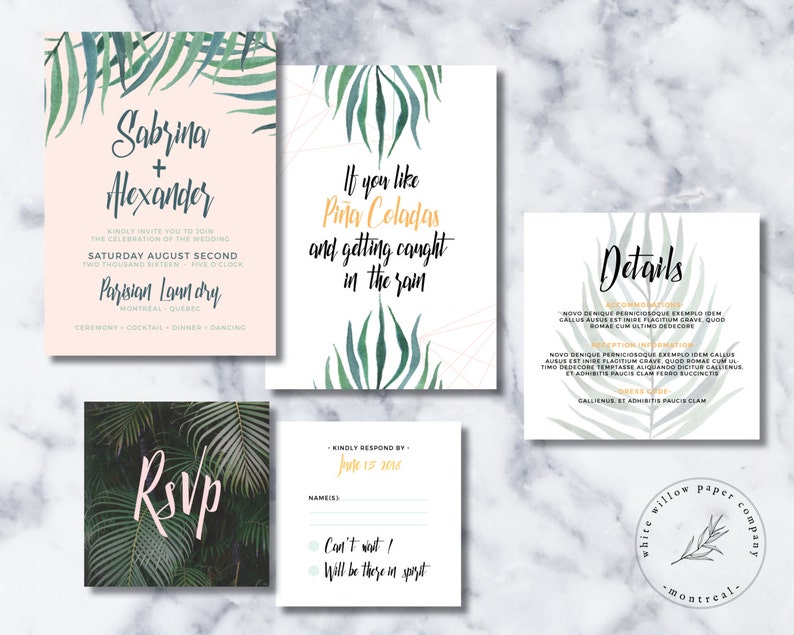 Tropical pink geometric Wedding Invitation Printable Wedding Invitation Set RSVP card modern Insert card Pina Coladas palm