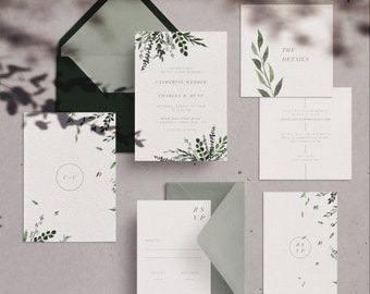 Printable Wedding Invitation Set | Modern Wedding Invitation suite, greenery, foliage, minimalist wedding invites | Leaves