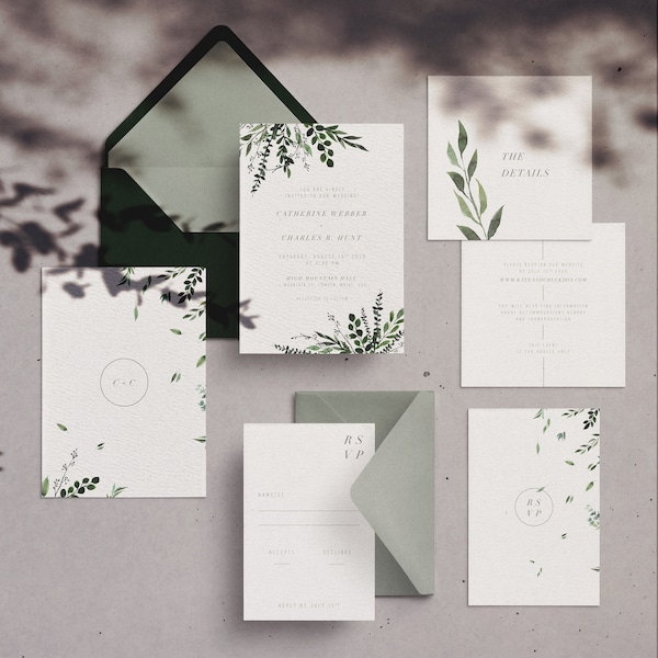 Printable Wedding Invitation Set | Modern Wedding Invitation suite, greenery, foliage, minimalist wedding invites | Leaves