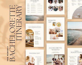 BACHELORETTE ITINERARY PLANNER  |  Digital template editable on Canva, Bachelorette weekend planner, themes, outfits, restaurants, etc