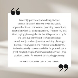 May include: A customer review for a wedding planner, with a quote from Tamika Fordham, an Etsy customer, praising the planner's ease of use and the helpful customer service.