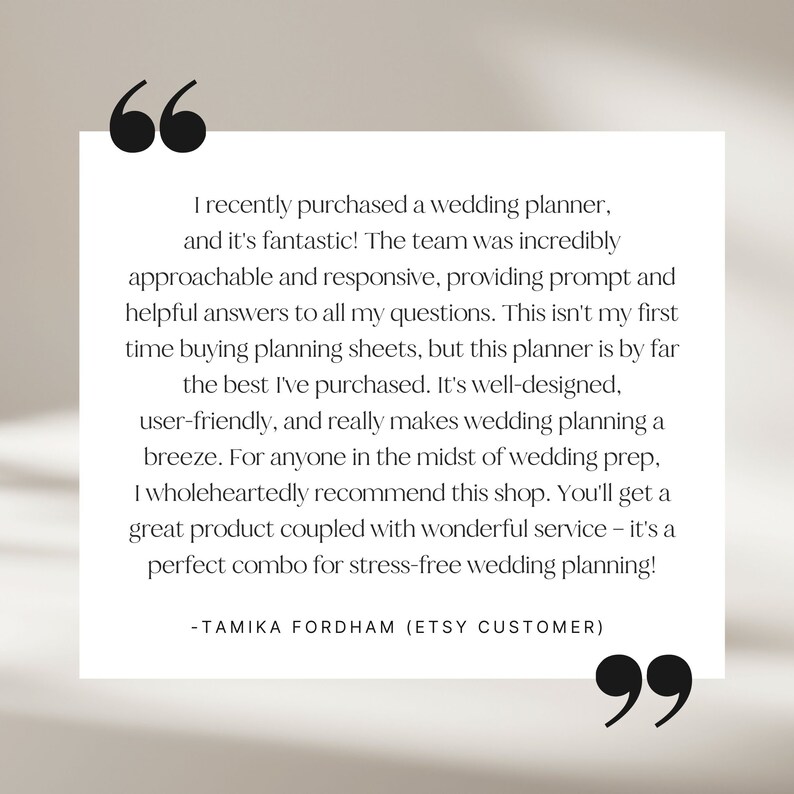 May include: A customer review for a wedding planner, with a quote from Tamika Fordham, an Etsy customer, praising the planner's ease of use and the helpful customer service.