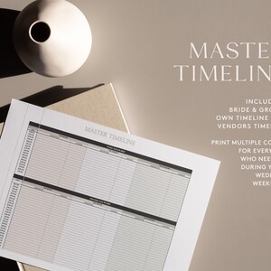 May include: A printable wedding timeline template with the title "Master Timeline" and instructions to print multiple copies for everyone who needs it during the wedding weekend. The template includes sections for the bride and groom's own timeline and a vendor timeline.