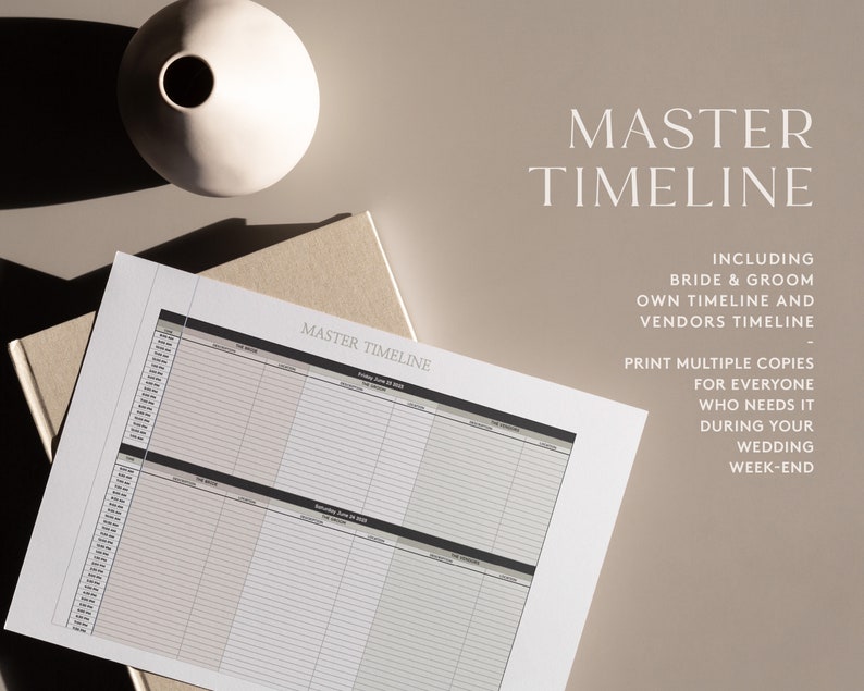 May include: A printable wedding timeline template with the title "Master Timeline" and instructions to print multiple copies for everyone who needs it during the wedding weekend. The template includes sections for the bride and groom's own timeline and a vendor timeline.