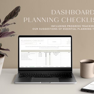 May include: A laptop computer displaying a planning checklist with a progress tracker. The checklist includes tasks such as booking venues, sending save-the-dates, and ordering invitations. The laptop is on a white table with a potted plant and a mug of coffee.