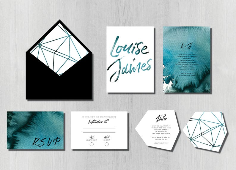 Minimalist Indigo Ink Modern Wedding Invitation Watercolor Geometric Dark Blue Printable Wedding Invitation Set Geometrical Modern