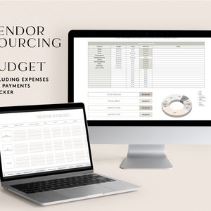 May include: Two laptop computers displaying a spreadsheet with the title "Vendor Sourcing + Budget Including Expenses and Payments Tracker". The spreadsheet includes columns for category, budget, actual, difference, and notes. A pie chart is also displayed on the right side of the spreadsheet.