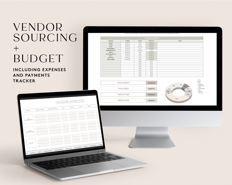 May include: Two laptop computers displaying a spreadsheet with the title "Vendor Sourcing + Budget Including Expenses and Payments Tracker". The spreadsheet includes columns for category, budget, actual, difference, and notes. A pie chart is also displayed on the right side of the spreadsheet.
