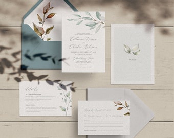 Printable Wedding Invitation Set | Modern Wedding Invitation suite, greenery, light gray, minimalist, elegant wedding invites | September