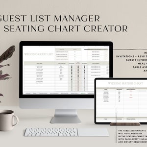 May include: A computer screen displaying a wedding guest list manager and seating chart creator. The screen shows a spreadsheet with columns for guest name, RSVP status, meal choice, and table assignment. The text "WEDDING GUEST LIST" is at the top of the spreadsheet. A smaller screen below shows a seating chart with tables and guest names. The text "WEDDING SEATING CHART" is at the top of the spreadsheet. The text "INCLUDING INVITATIONS + RSVP TRACKER, GUESTS INFORMATIONS, MEAL CHOICES, TABLE ASSIGMENTS AND MORE!" is on the right side of the screen. The text "THE TABLE ASSIGNMENTS WILL AUTO POPULATE IN THE SEATING CHART TAB WITH EACH GUEST'S MEAL CHOICE AND DIETARY REQUIREMENT(S)" is below the smaller screen.