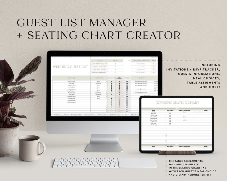May include: A computer screen displaying a wedding guest list manager and seating chart creator. The screen shows a spreadsheet with columns for guest name, RSVP status, meal choice, and table assignment. The text "WEDDING GUEST LIST" is at the top of the spreadsheet. A smaller screen below shows a seating chart with tables and guest names. The text "WEDDING SEATING CHART" is at the top of the spreadsheet. The text "INCLUDING INVITATIONS + RSVP TRACKER, GUESTS INFORMATIONS, MEAL CHOICES, TABLE ASSIGMENTS AND MORE!" is on the right side of the screen. The text "THE TABLE ASSIGNMENTS WILL AUTO POPULATE IN THE SEATING CHART TAB WITH EACH GUEST'S MEAL CHOICE AND DIETARY REQUIREMENT(S)" is below the smaller screen.
